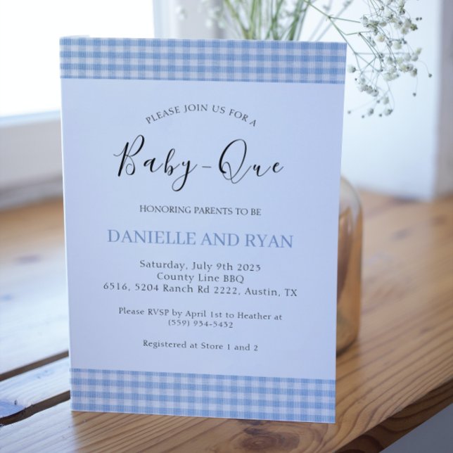 Baby Q Baby Shower Barbecue Chequered Boy Blue Invitation (Creator Uploaded)