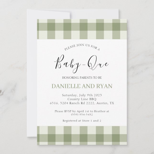 Baby Q Baby Shower Barbecue Chequered Sage Green  Invitation (Front)