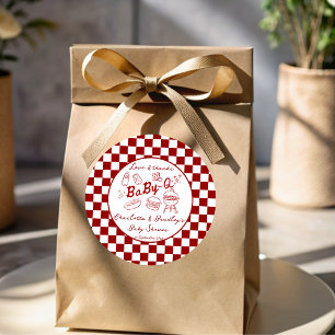 Baby q barbeque red checks baby shower classic round sticker
