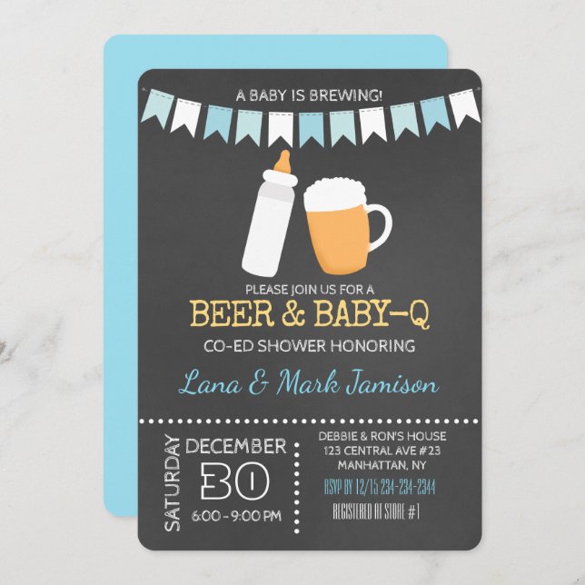 Baby-Q BBQ Beer Shower Invite (Blue Back) (Front/Back)