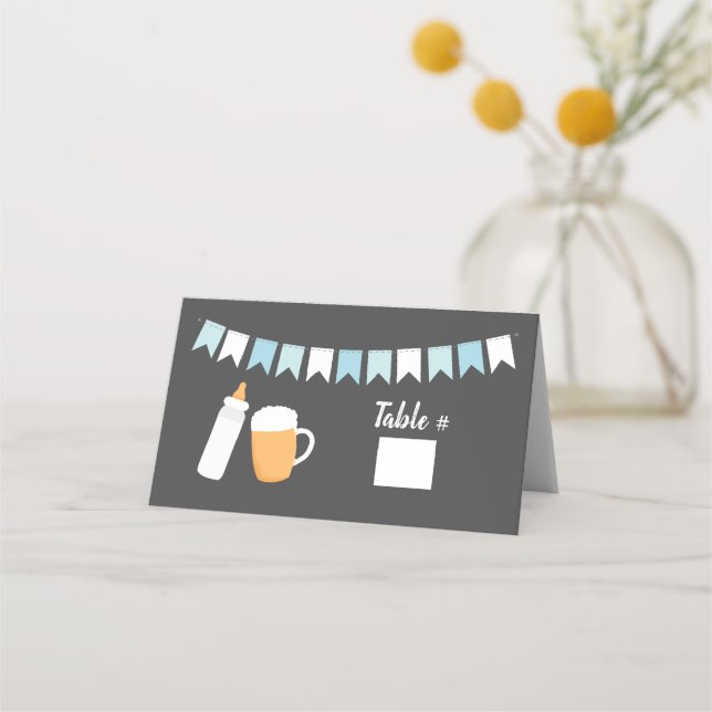 Baby-Q Blue Boy Beer and Bottle Baby Shower Place Card (Front)