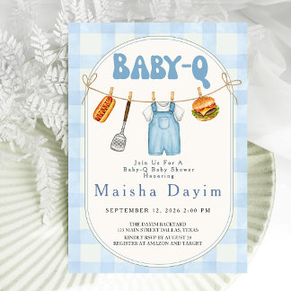 Baby-Q Blue Gingham Clothesline Baby Shower Invitation