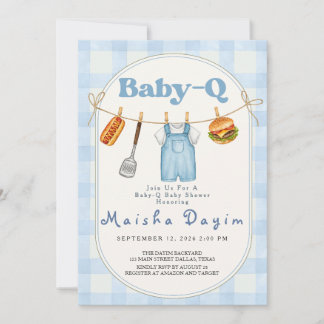 Baby-Q Blue Gingham Clothesline Baby Shower Invitation
