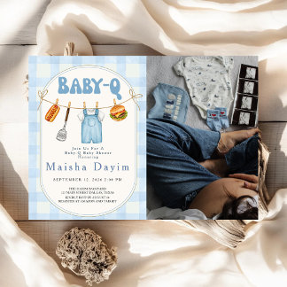 Baby-Q Blue Gingham Clothesline Baby Shower Photo Invitation
