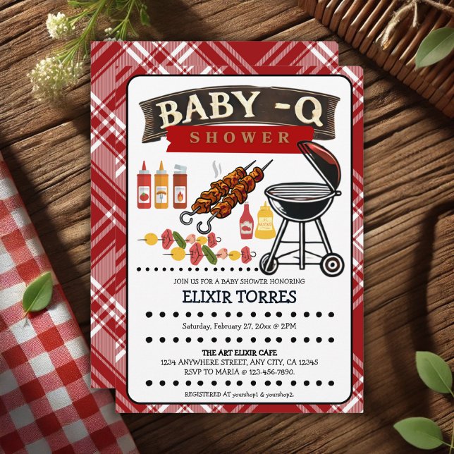 Baby-Q Chequered Red & Black Grill Baby Shower Invitation (Creator Uploaded)