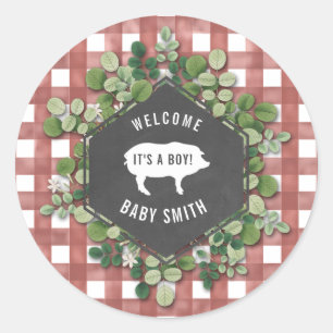 Baby q Gingham Botanical Pig Baby Shower Classic Round Sticker