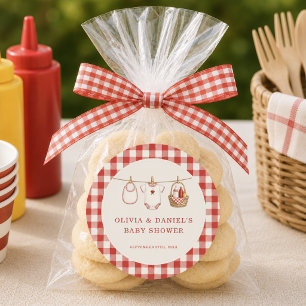 Baby-Q Gingham Red Co-ed Baby Shower Favour Classic Round Sticker