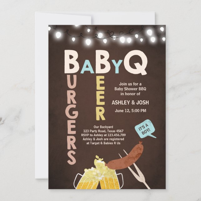 Baby Q invitation Coed BBQ Baby Shower Rustic Boy (Front)