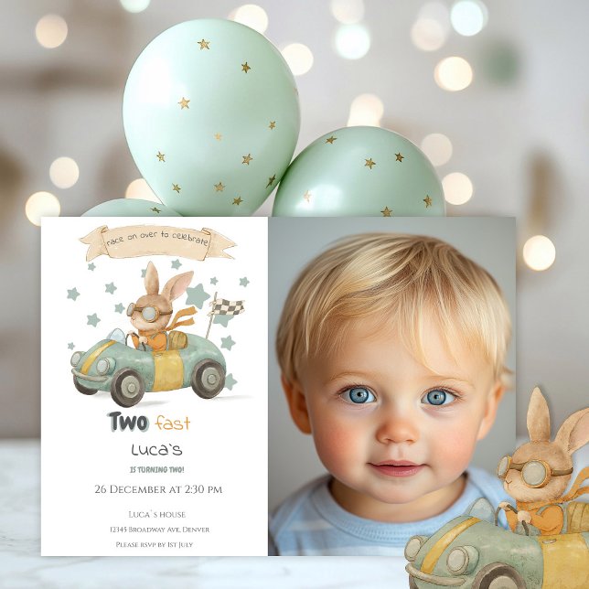Baby Rabbit Race Cars 2nd Birthday Invitation (Creator Uploaded)