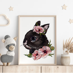 Baby Rabbit Rose Animal Poster Wall Print