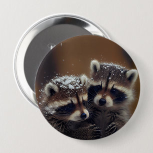 Baby Raccoons Huddle in Falling Snow 10 Cm Round Badge
