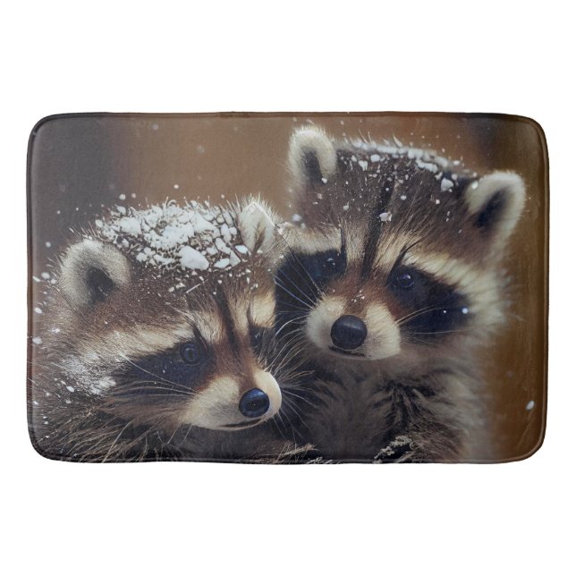 Baby Raccoons Huddle in Falling Snow Bath Mat (Front)