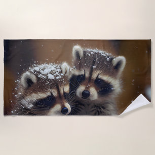 Baby Raccoons Huddle in Falling Snow Beach Towel