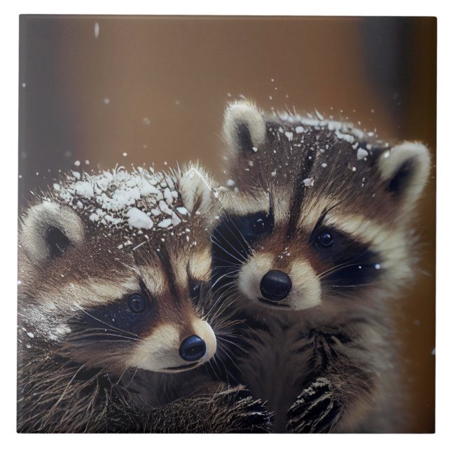Baby Raccoons Huddle in Falling Snow Ceramic Tile (Front)