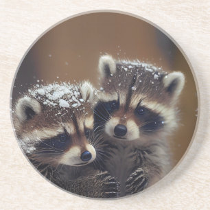 Baby Raccoons Huddle in Falling Snow Coaster