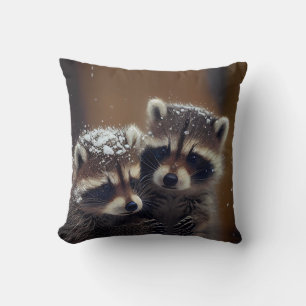 Baby Raccoons Huddle in Falling Snow Cushion