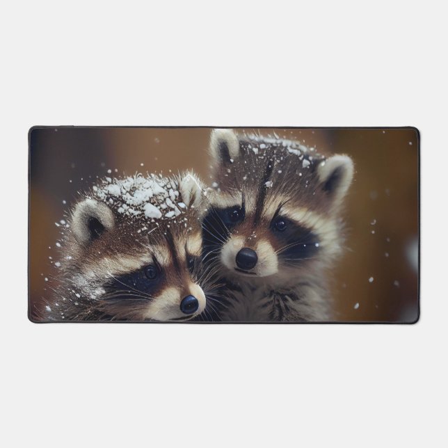 Baby Raccoons Huddle in Falling Snow Desk Mat (Front)