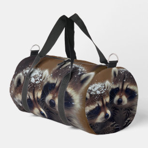 Baby Raccoons Huddle in Falling Snow Duffle Bag