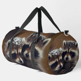 Baby Raccoons Huddle in Falling Snow Duffle Bag