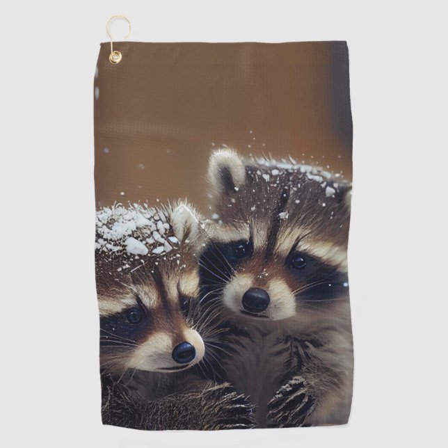 Baby Raccoons Huddle in Falling Snow Golf Towel (Front)