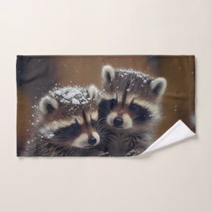 Baby Raccoons Huddle in Falling Snow Hand Towel