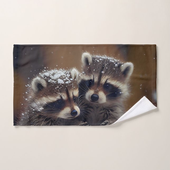 Baby Raccoons Huddle in Falling Snow Hand Towel (Hand Towel)
