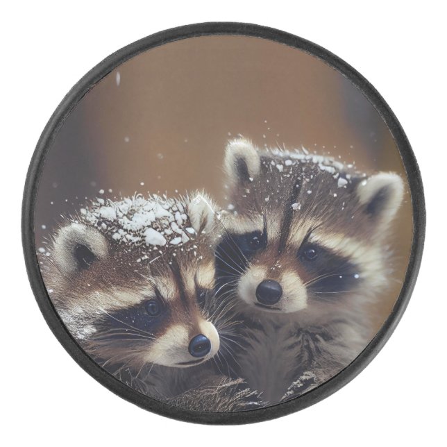 Baby Raccoons Huddle in Falling Snow Hockey Puck (Front)