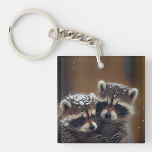 Baby Raccoons Huddle in Falling Snow Key Ring