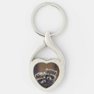 Baby Raccoons Huddle in Falling Snow Key Ring