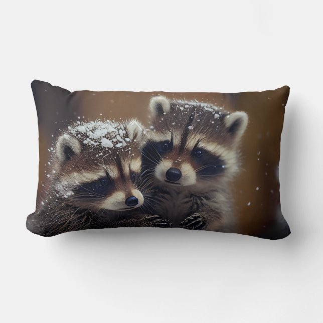 Baby Raccoons Huddle in Falling Snow Lumbar Cushion (Front)