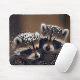 Baby Raccoons Huddle in Falling Snow Mouse Pad