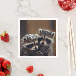 Baby Raccoons Huddle in Falling Snow Napkin