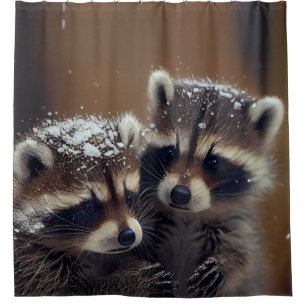 Baby Raccoons Huddle in Falling Snow Shower Curtain