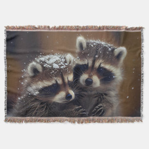 Baby Raccoons Huddle in Falling Snow Throw Blanket