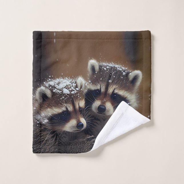 Baby Raccoons Huddle in Falling Snow Wash Cloth (Wash Cloth)