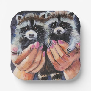 Baby Raccoons in Hands Paper Plates