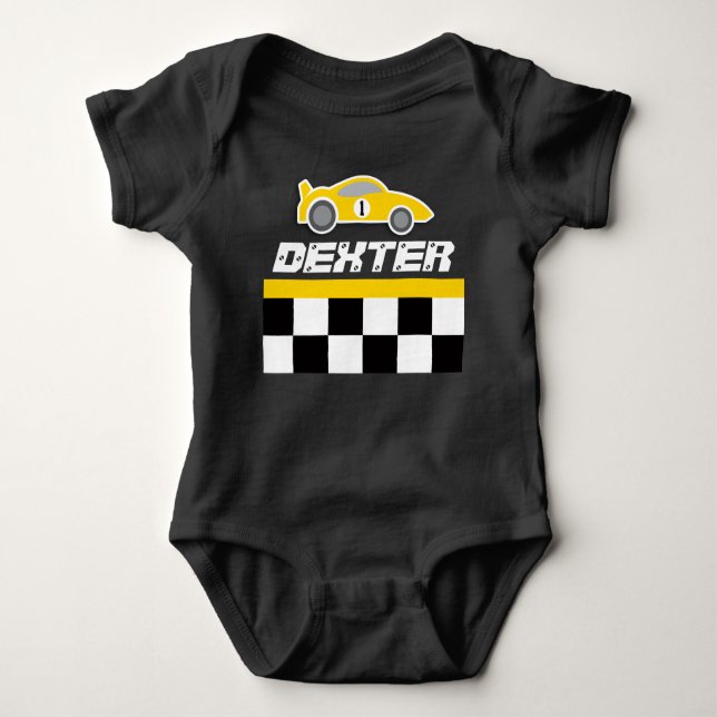 Baby racing driver yellow car name baby grow baby bodysuit (Front)