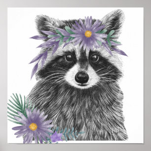 Baby Racoon Floral Nursery Print Racoon Print