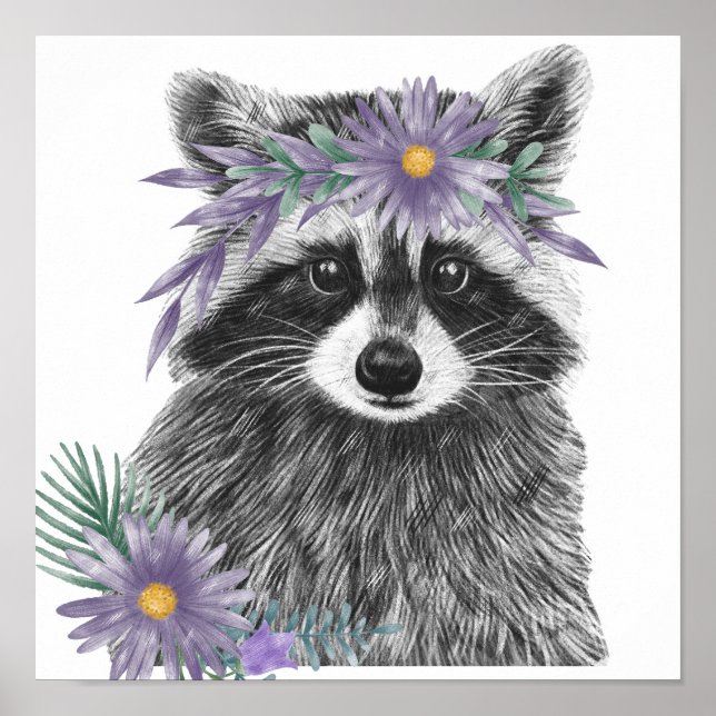 Baby Racoon Floral Nursery Print | Racoon Print (Front)