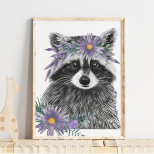 Baby Racoon Floral Nursery Print   Racoon Print