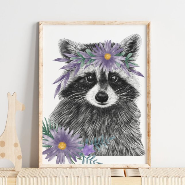 Baby Racoon Floral Nursery Print | Racoon Print (Baby Raccoon Floral Nursery Print | Raccoon Print by TinkPrints)
