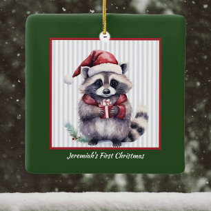 Baby Racoon Holding Gift Child's First Christmas Ceramic Ornament