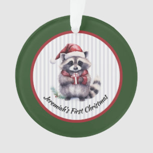 Baby Racoon Holding Gift Child's First Christmas Ornament