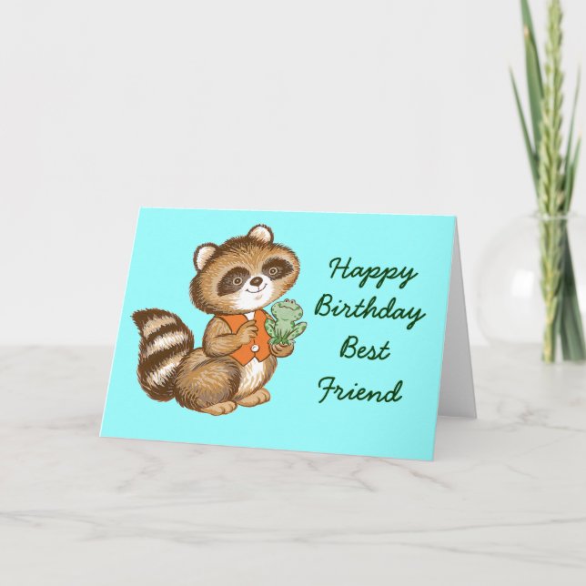 Baby Racoon in Orange Vest with Best Friend Frog Card (Front)