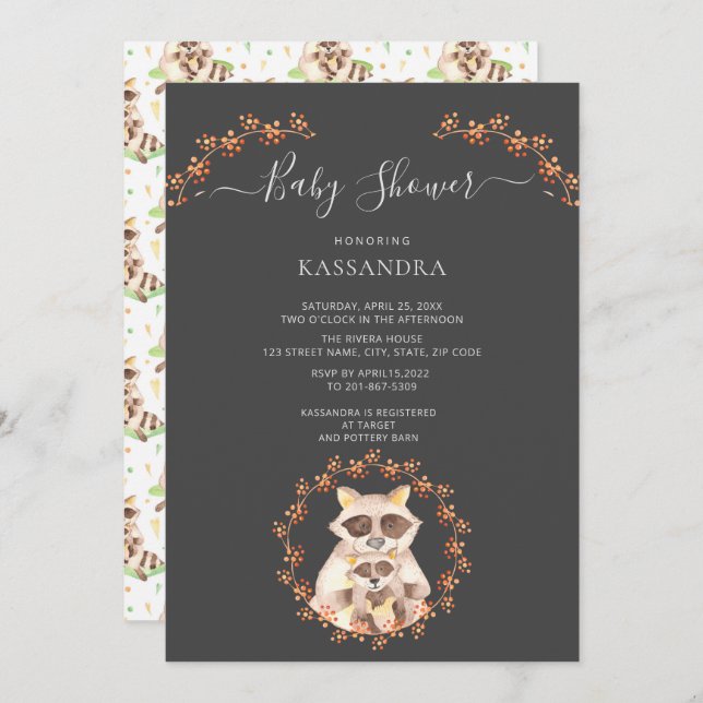 Baby Racoon & Mother Floral Wreath Baby Shower    Invitation (Front/Back)