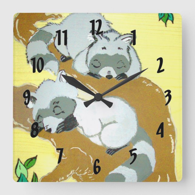 Baby Racoon Sleeping Square Wall Clock (Front)