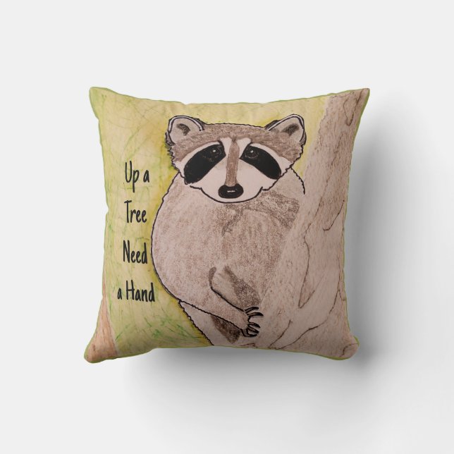 Baby Racoon Up a Tree Need a Hand Cushion (Back)