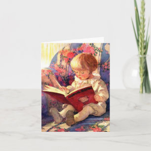 Baby Reading Animal Book, Vintage Card