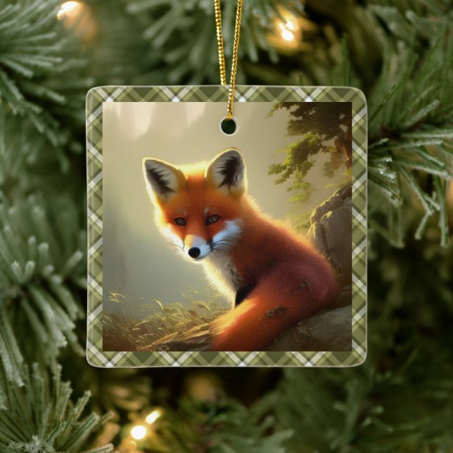Baby Red Fox Wildlife Portrait Personalised  Ceramic Ornament (Tree)