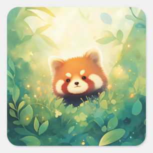 Baby Red Panda Peeking Through Green Forest Leaves Square Sticker